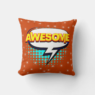 Comic Style Pop Art Retro Stars Pink AWESOME Text Cushion