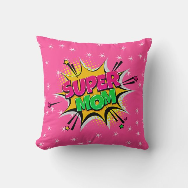 Comic Style Pop Art Retro Stars Pink Super Mum  Cushion (Front)