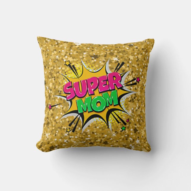 Comic Style Pop Art Retro Stars Pink Super Mum  Th Cushion (Front)