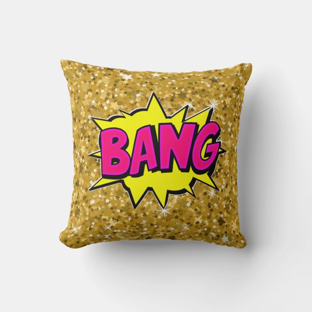 Comic Style Pop Art Retro Yellow Pink Gold BANG    Cushion (Front)