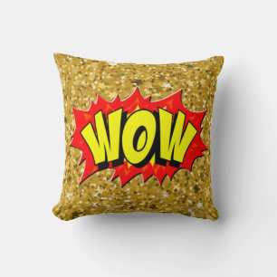 Comic Style Pop Art Retro Yellow Red Gold WOW Cushion