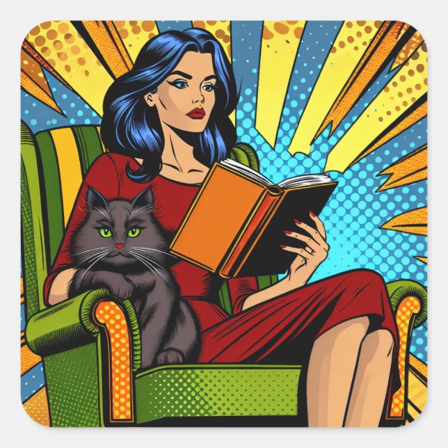 Comic Style Pop Art Woman Reading and Cat Square Sticker (Front)