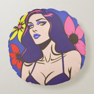 Comic style pretty woman round cushion
