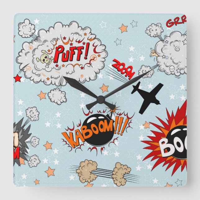 Comic Style Super Hero Design Square Wall Clock (Front)