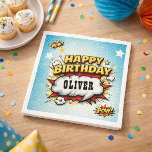 Comic Style Superhero Boy's Name Birthday Party Napkin