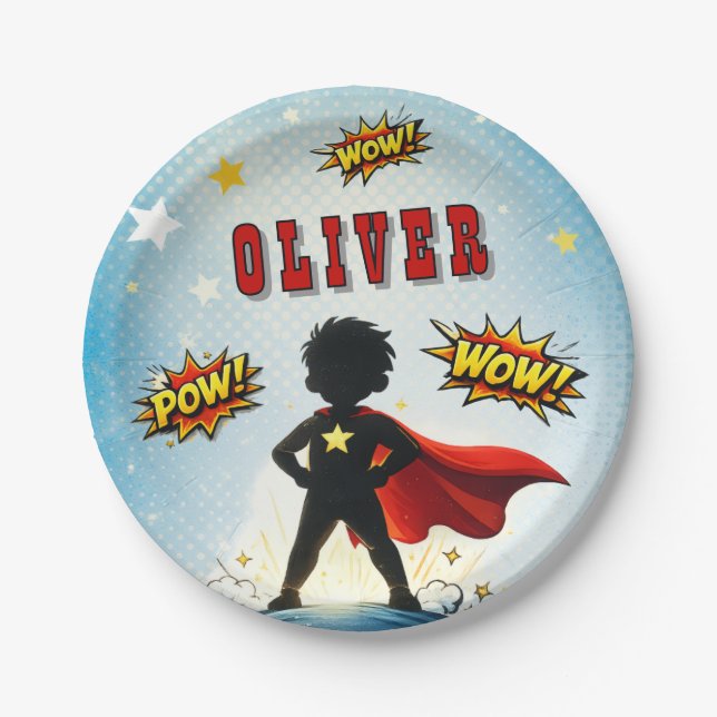 Comic Style Superhero Boy's Name Birthday Party Paper Plate (Front)