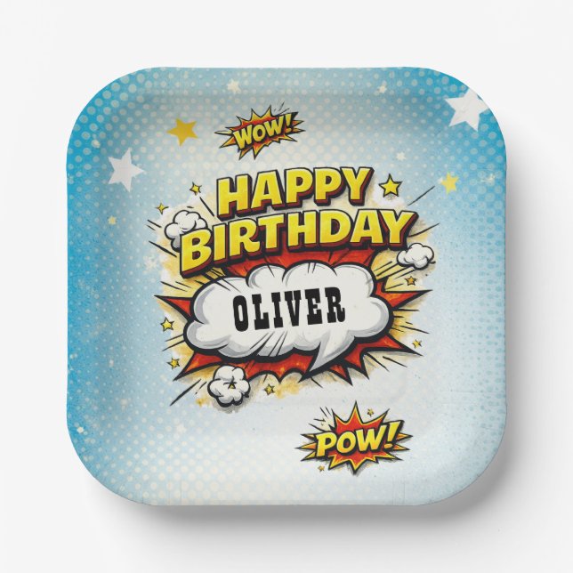 Comic Style Superhero Boy's Name Birthday Party  Paper Plate (Front)