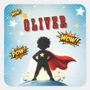 Comic Style Superhero Boy's Name Birthday Square Sticker