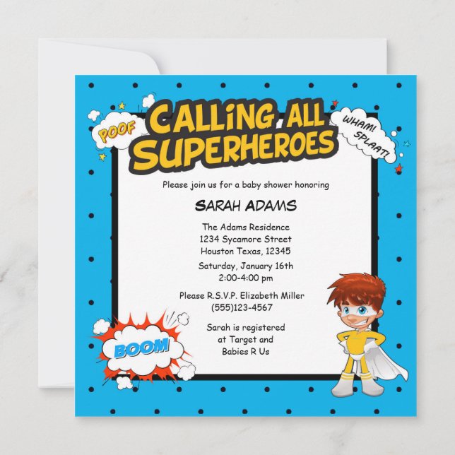 Comic Super Hero Baby Shower Boy Invitation (Back)