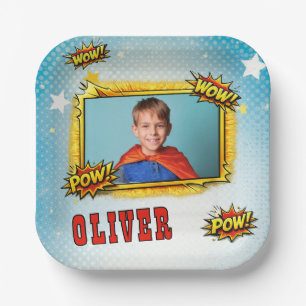Comic Superhero Boy's Name Photo Birthday Party Paper Plate