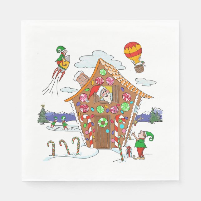 Comical Christmas Scene Santa Elves and Rudolph Napkin (Front)