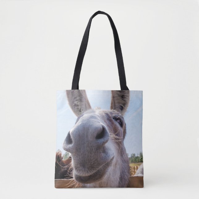 Comical Grey Smiling Donkey Tote Bag (Front)
