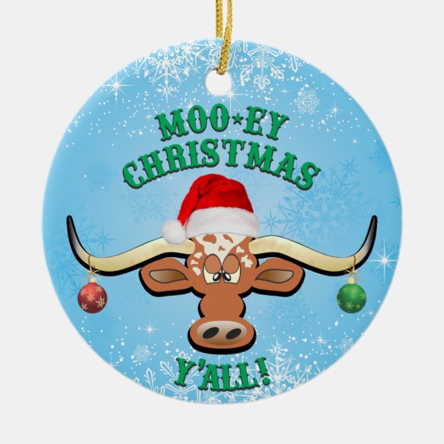 Comical Longhorn Steer Ceramic Ornament (Front)