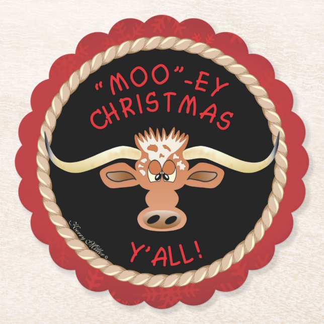 Comical Longhorn Steer Paper Coaster (Front)
