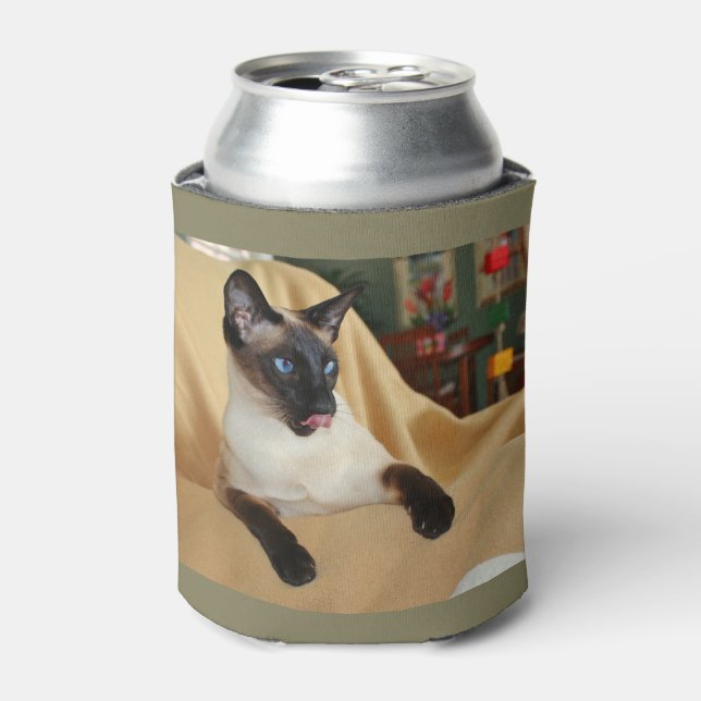 Comical Seal Point Siamese Cat Licking It's Nose Can Cooler (Can Front)