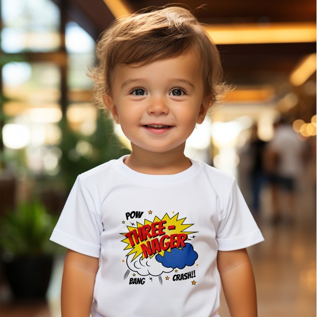 Comics Book Style Threenager Toddler T-shirt ( Look up in the sky! Is it a bird? Is it a plane? No it's our super duper comic toddler shirt.)