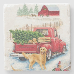 Coming Home with a Christmas Tree Needlepoint Stone Coaster
