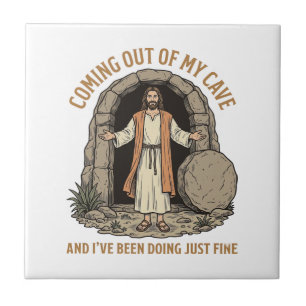 Coming Out of My Cave Funny Christian Vintage Shir Ceramic Tile