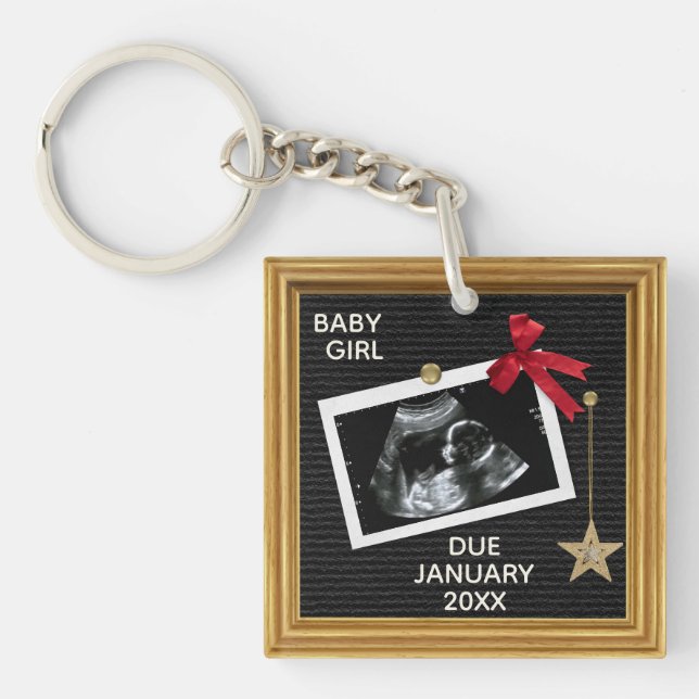 Coming Soon Baby Ultrasound Christmas Peg Board  Key Ring (Front)