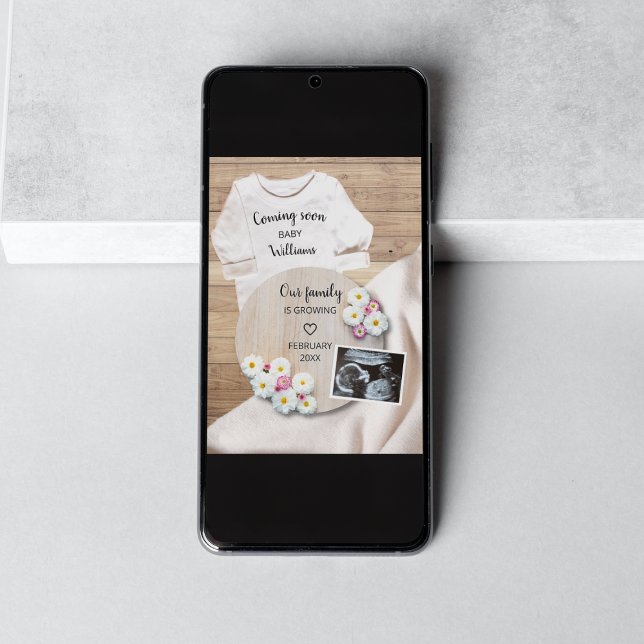 Coming Soon Floral Ultrasound Photo Pregnancy Announcement (comin soon floral photo pregnancy announcement)