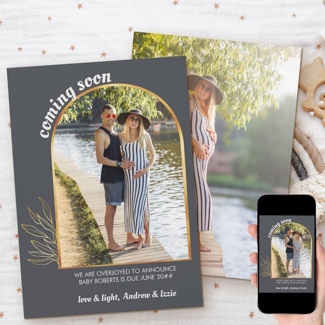Coming Soon Gold Arch 2 Photo Grey Pregnancy Announcement (Creator Uploaded)