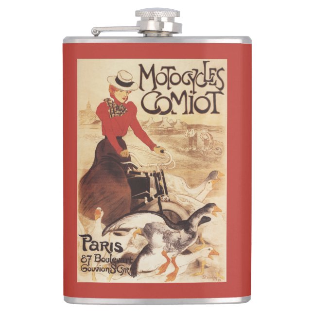 Comiot Motocycles Woman and Geese Promo Poster Hip Flask (Front)