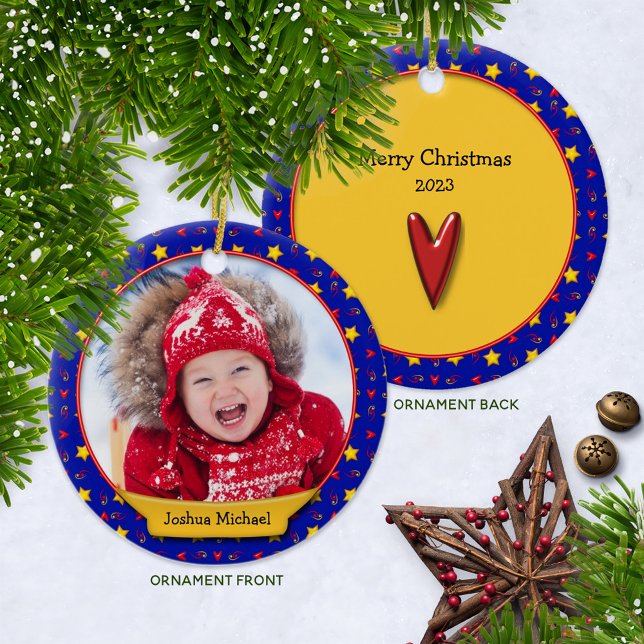 Commemorative Christmas Memories • Hearts & Stars Ceramic Ornament (Whimsical Ceramic Photo Keepsake Ornament with Year )