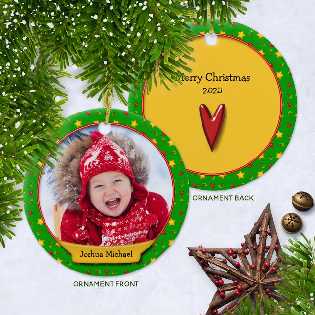 Commemorative Christmas Memories • Hearts & Stars Ceramic Ornament (Whimsical Ceramic Photo Keepsake Ornament with Year )