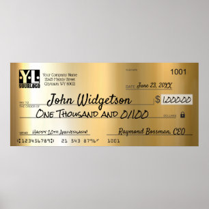 Commemorative giant charity bonus faux gold check poster
