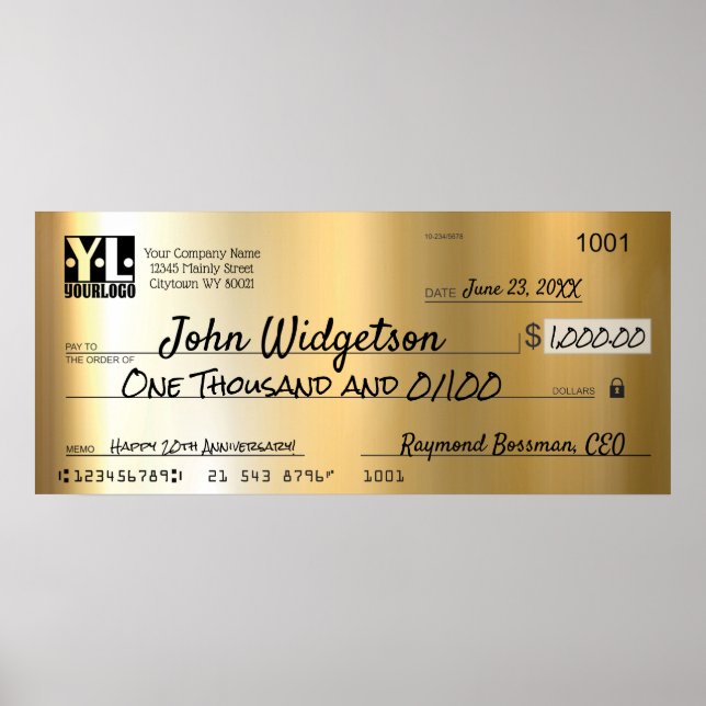 Commemorative giant charity bonus faux gold check poster (Front)