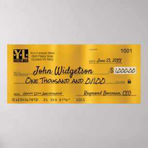 Commemorative giant charity bonus faux gold check poster