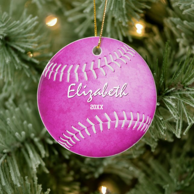 commemorative girls sports hot pink softball ceramic ornament (Tree)