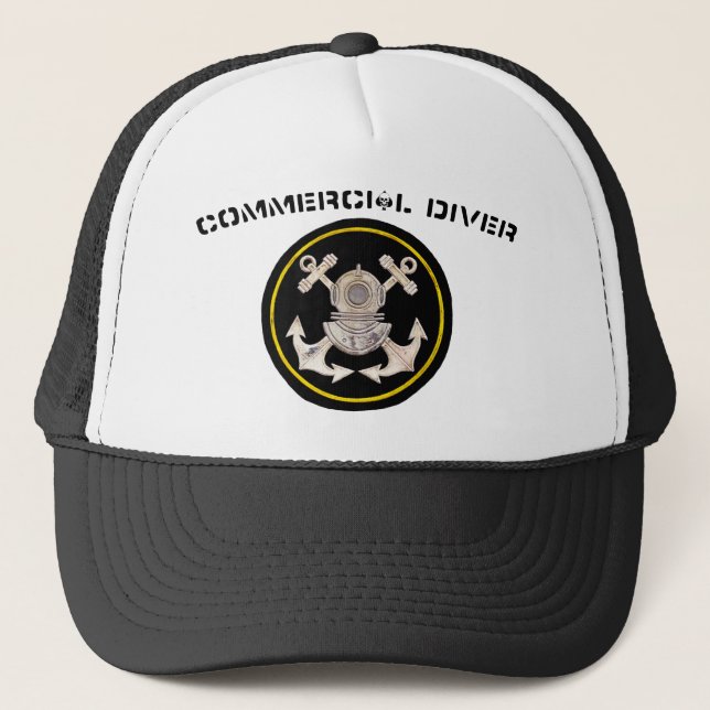 Commercial Diver Helmet and Crossbone Anchors Trucker Hat (Front)