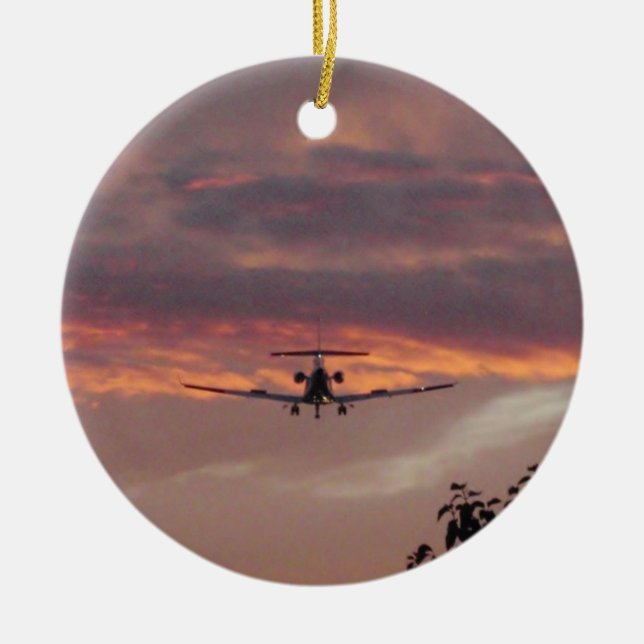Commercial Jet Landing At Sunset Ceramic Tree Decoration (Front)