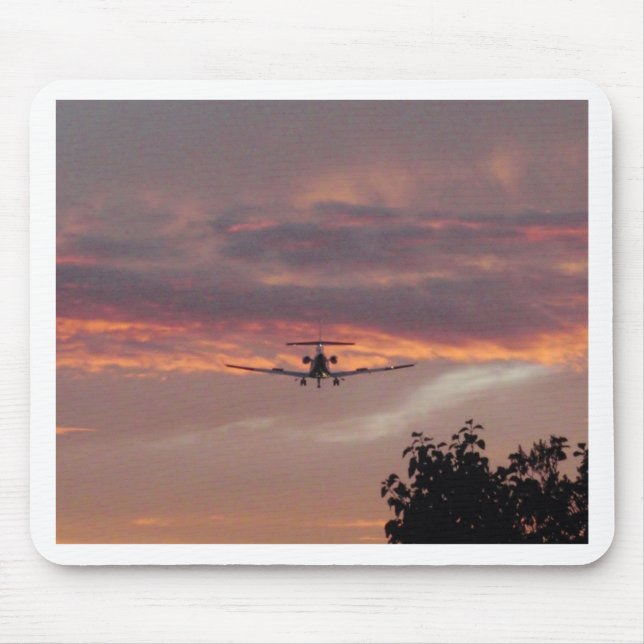 Commercial Jet Landing At Sunset Mouse Pad (Front)