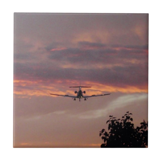 Commercial Jet Landing At Sunset Tile (Front)