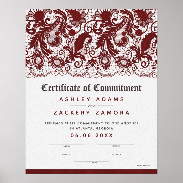 Commitment Ceremony Lace Wedding Certificate Poster (Front)