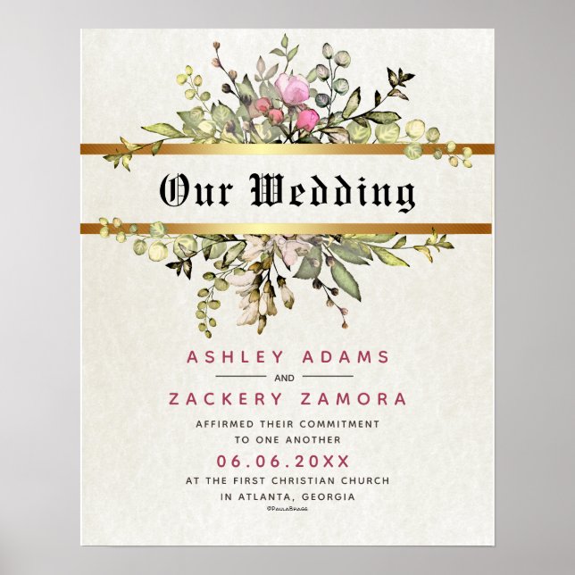 Commitment Floral Banner Wedding Certificate Poster (Front)