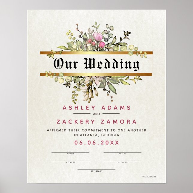 Commitment Floral Banner Wedding Certificate Poster (Front)