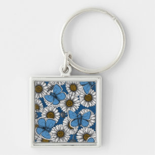 Common blue butterflies and daisy flowers key ring