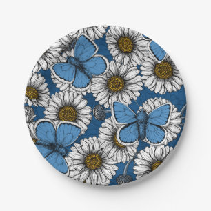 Common blue butterflies and daisy flowers paper plate