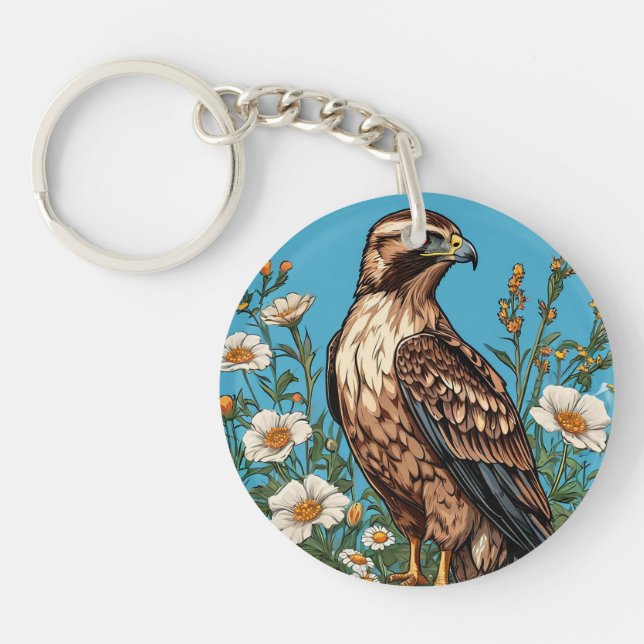 Common buzzard Bird Amid Blooming Flowers Key Ring (Front)