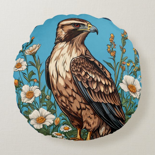 Common buzzard Bird Amid Blooming Flowers Round Cushion (Front)
