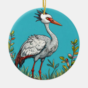 Common crane Bird Amid Blooming Flowers Ceramic Ornament