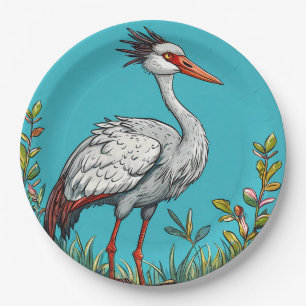 Common crane Bird Amid Blooming Flowers Paper Plate