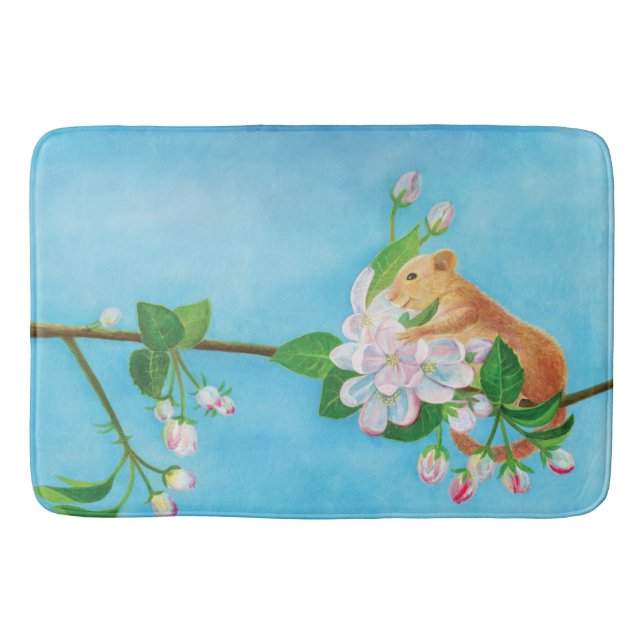 Common Dormouse on blooming branch of apple tree  Bath Mat (Front)