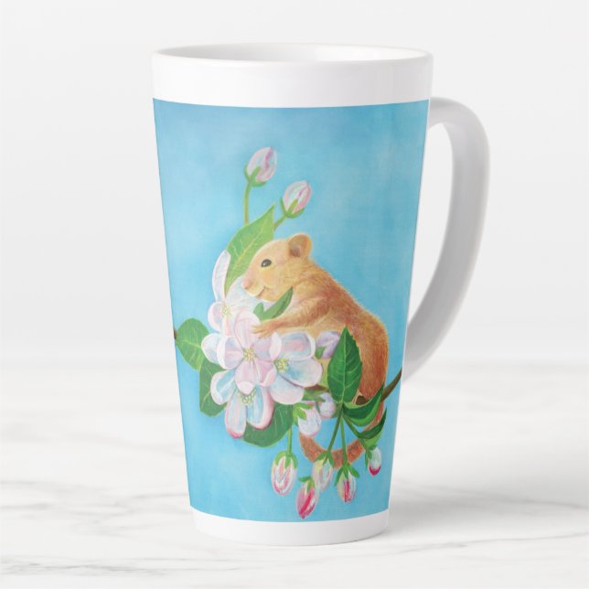 Common Dormouse on blooming branch of apple tree  Latte Mug (Right Angle)