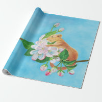 Common Dormouse on blooming branch of apple tree