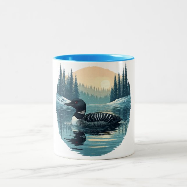 Common Loon - Retro Winter Cabin Christmas Design  Two-Tone Coffee Mug (Center)
