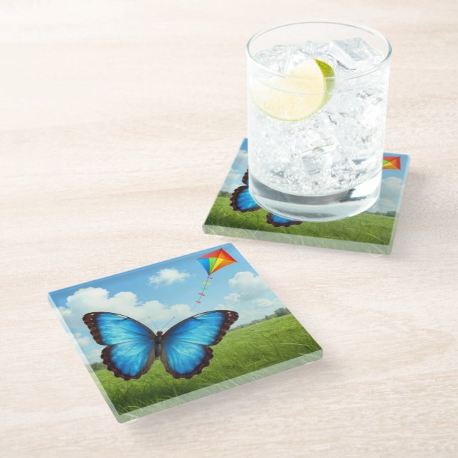 Common Morpho Butterfly Flying a Kite Glass Coaster (Angled)
